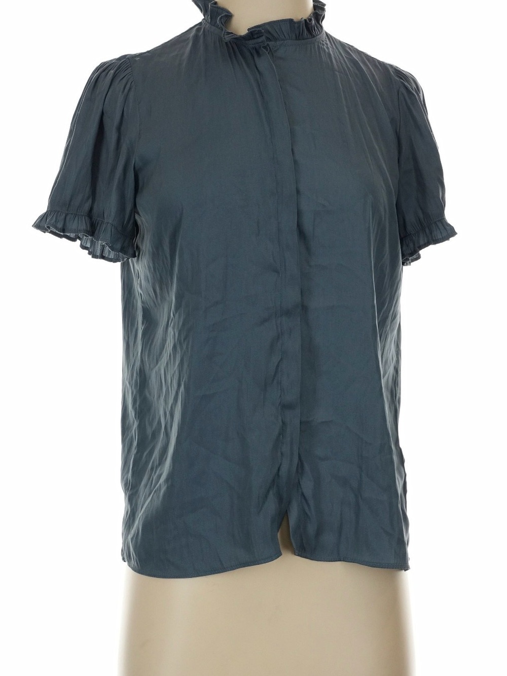 Tahari Slate Blue Ruffle-Neck Short Sleeve Blouse